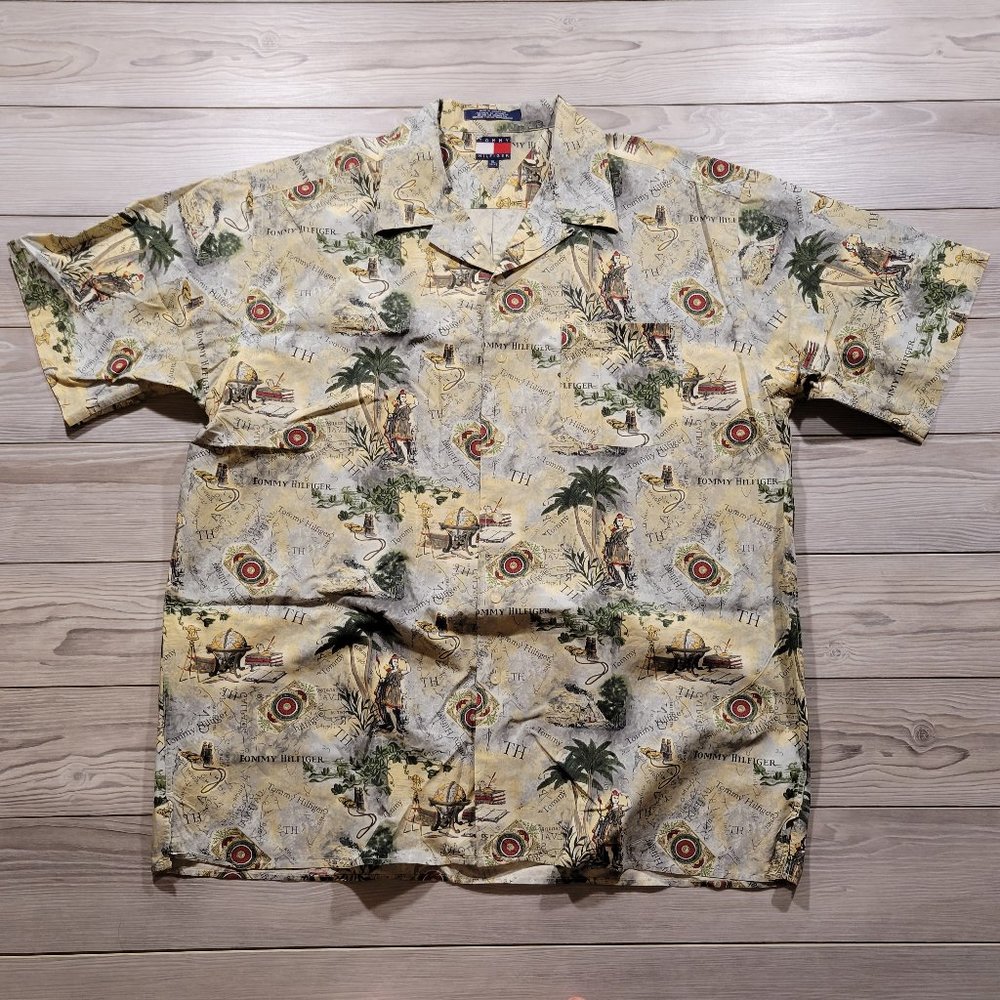 Tommy Hilfiger Mens Size XL Hawaiian Shirt Explorers Palm Tree Summer Maui Kauai